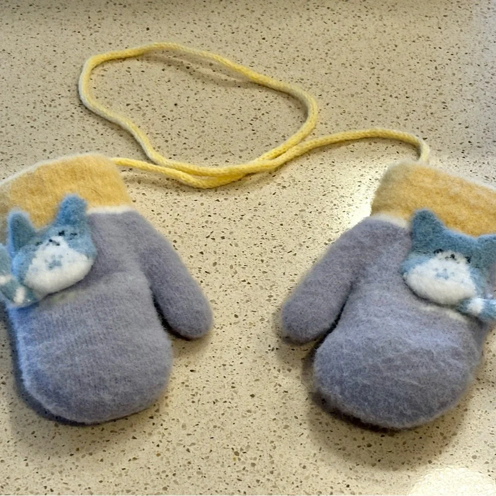 Kids Blue Fleece Mittens with Yellow Cuff and Character Accent